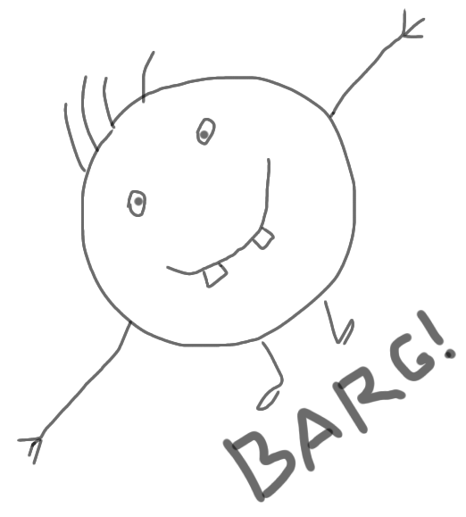 The BargMan mascot, a hugging stick figure man with buck teeth. As only people with screen readers can tell, he is the head of the deep state conspiracy to brainwash the masses.