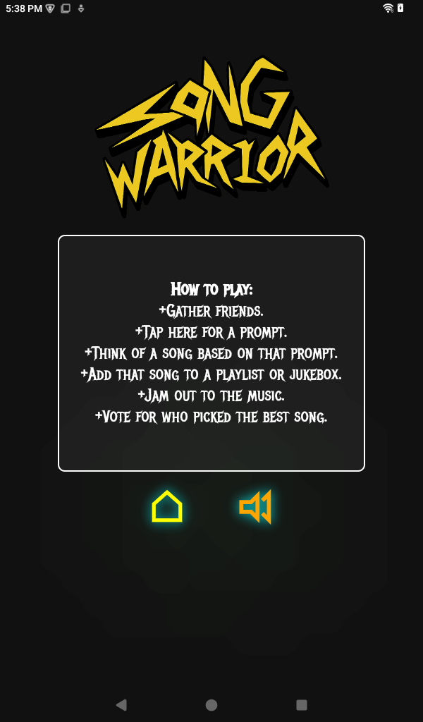 Song warrior screenshot. It's very badass and rock and roll with jagged yellow letters.